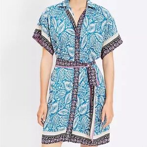 LOFT Blue and Pink Patterned Midi Dress